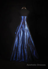 Vintage Ball Gown Strapless Navy Blue Satin Long Prom Dresses Party Dress